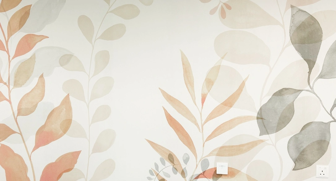 Wall office with warm floral wallpaper